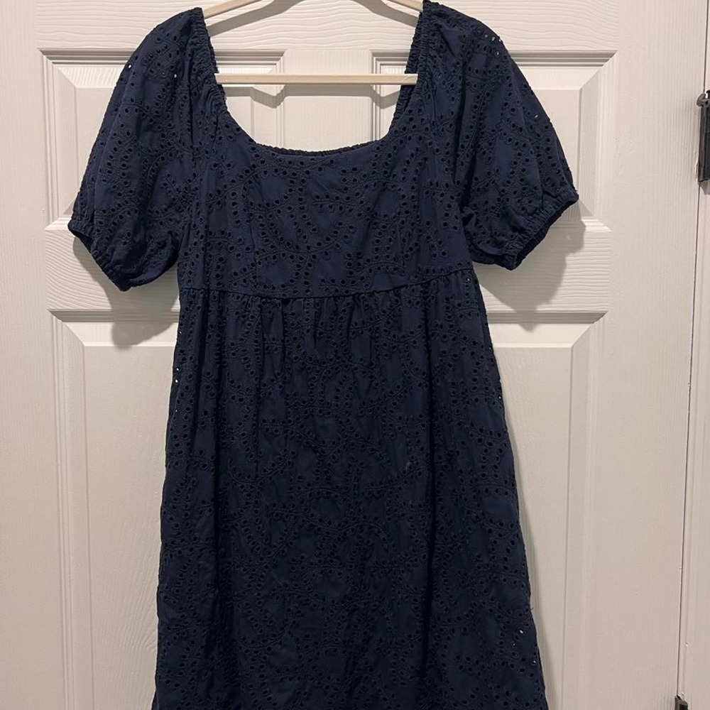 Time and Tru Navy Blue Eyelet Polka Dot Puff Sleeve Dress Womens Medium 8-10